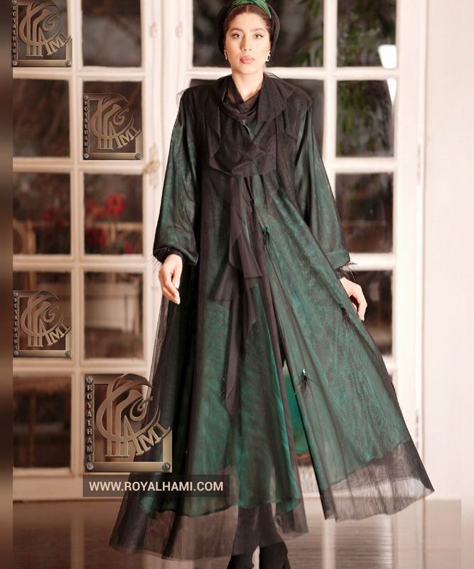 Green Abaya with Black lace top with Bishop sleeves