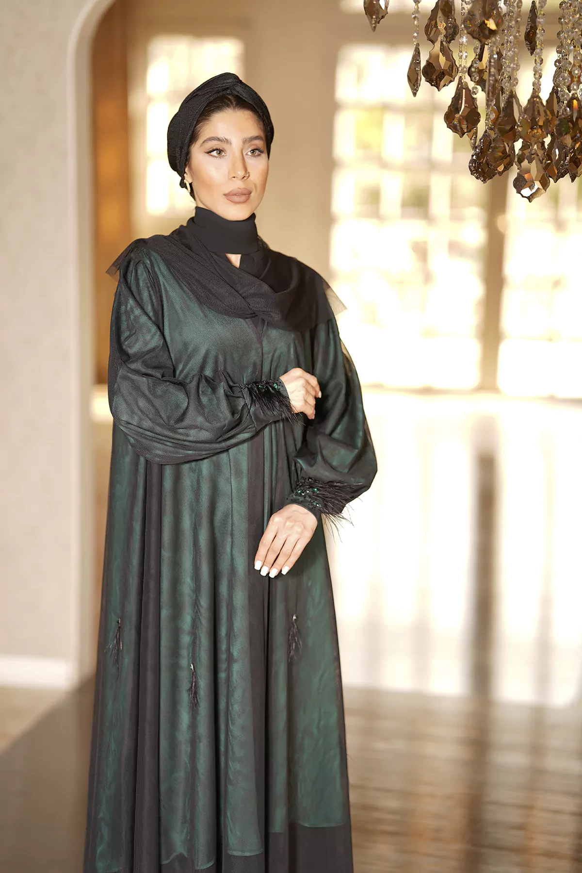 Green Abaya with Black lace top with Bishop sleeves