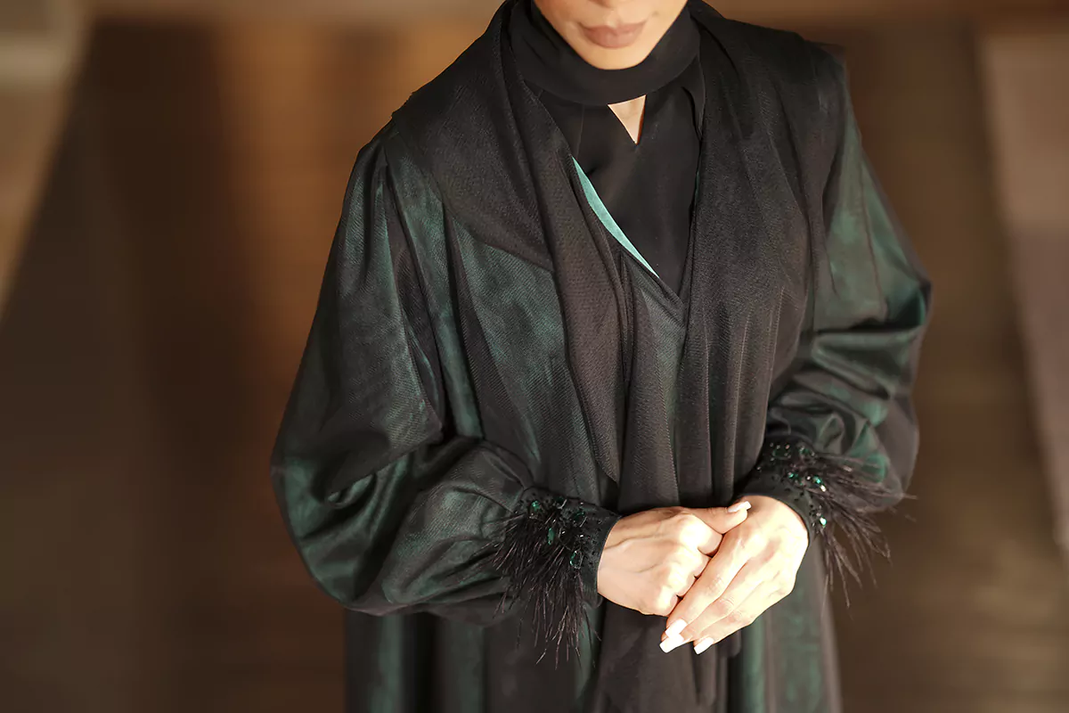 Green Abaya with Black lace top with Bishop sleeves - Image 2