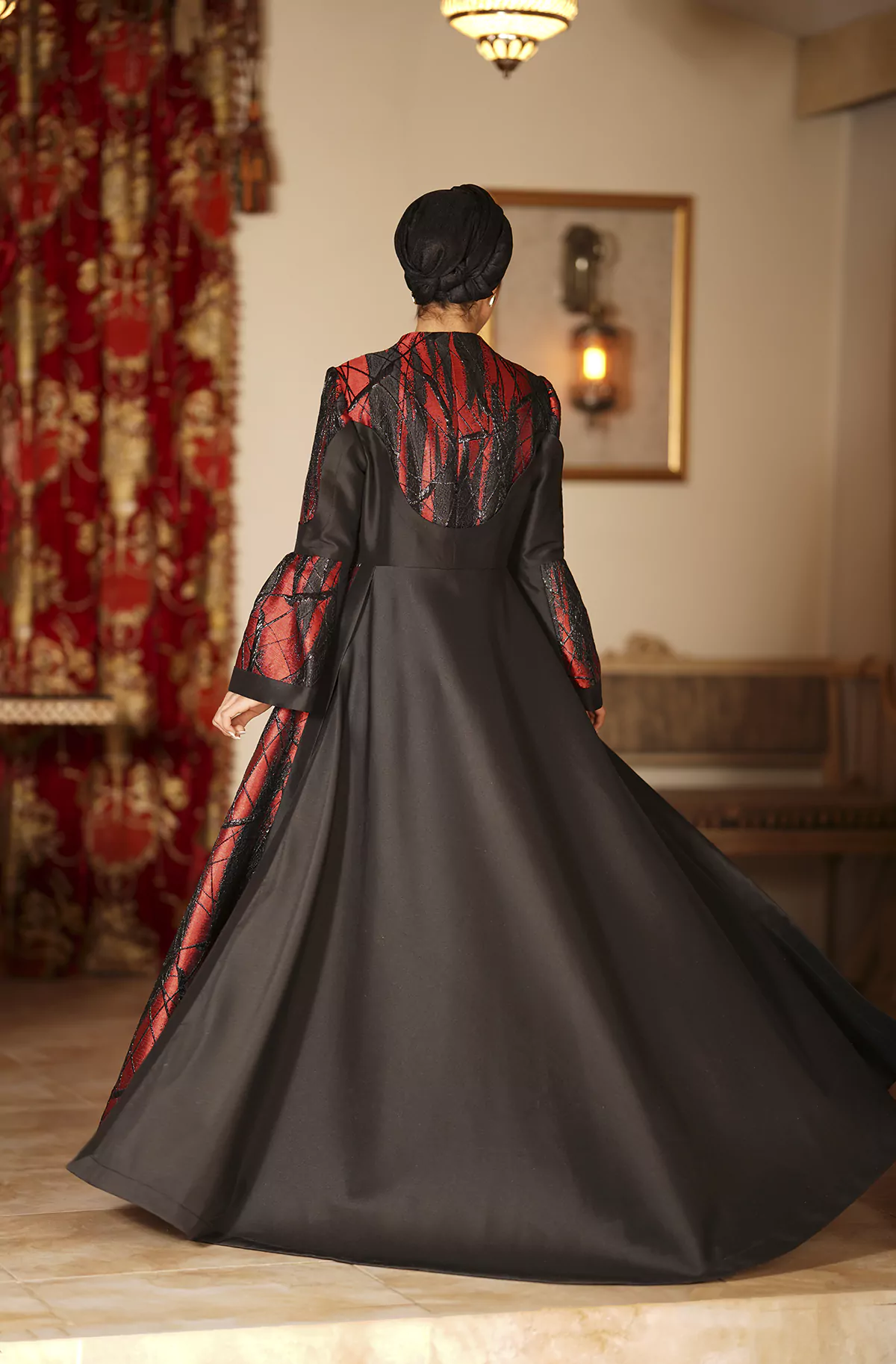 red Jacquard Long Back Short Front Abaya - Image 4