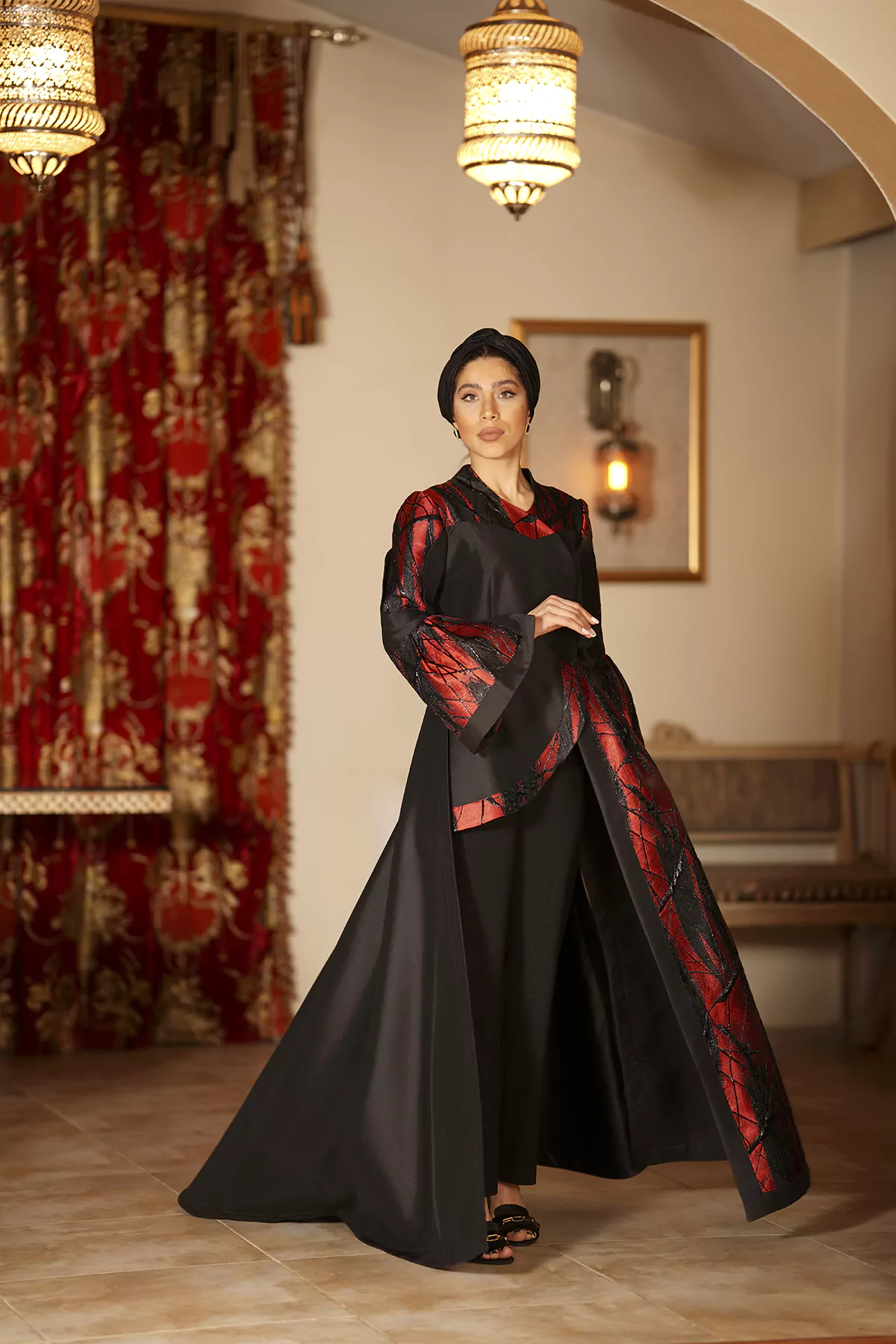 red Jacquard Long Back Short Front Abaya - Image 3