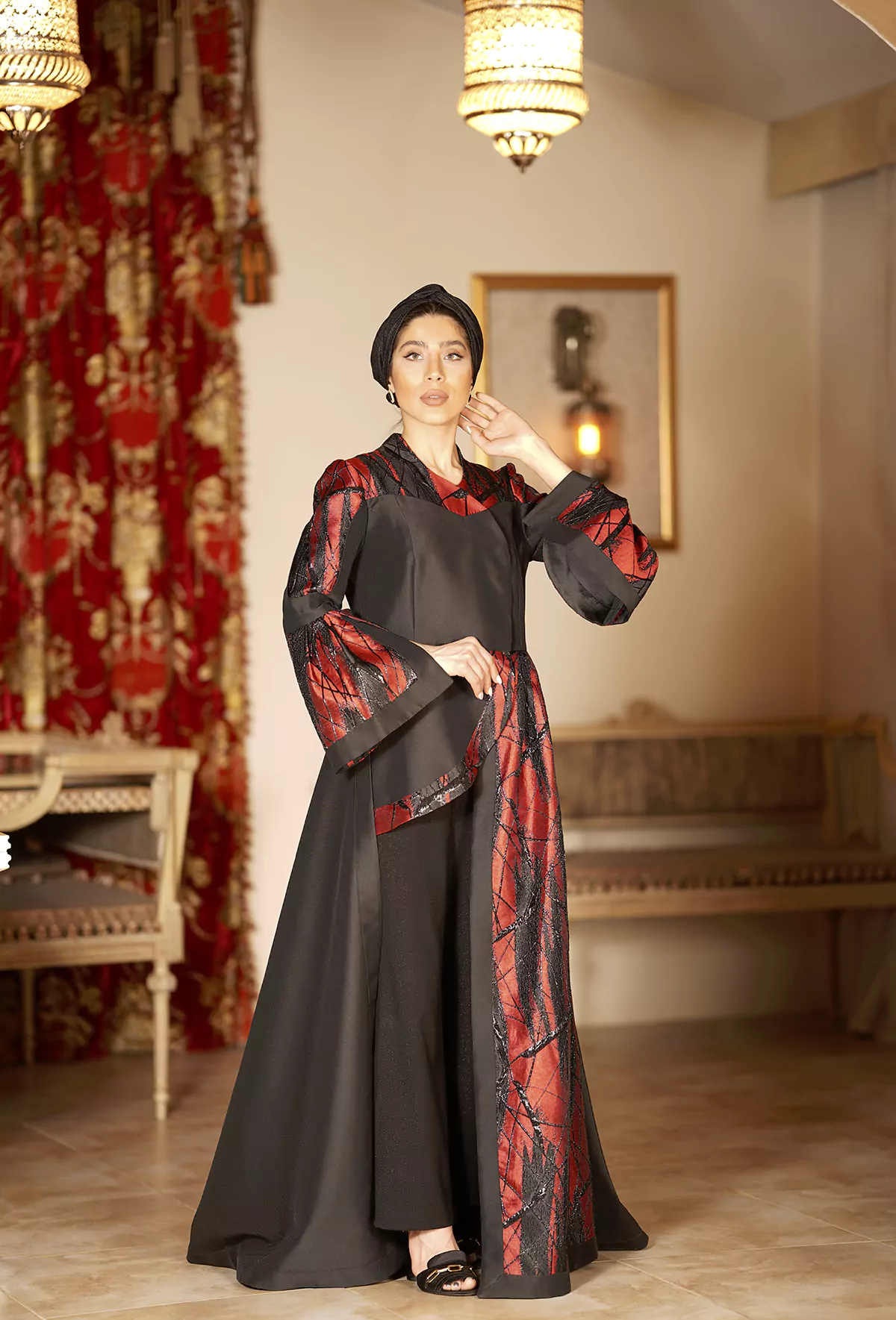 red Jacquard Long Back Short Front Abaya - Image 2