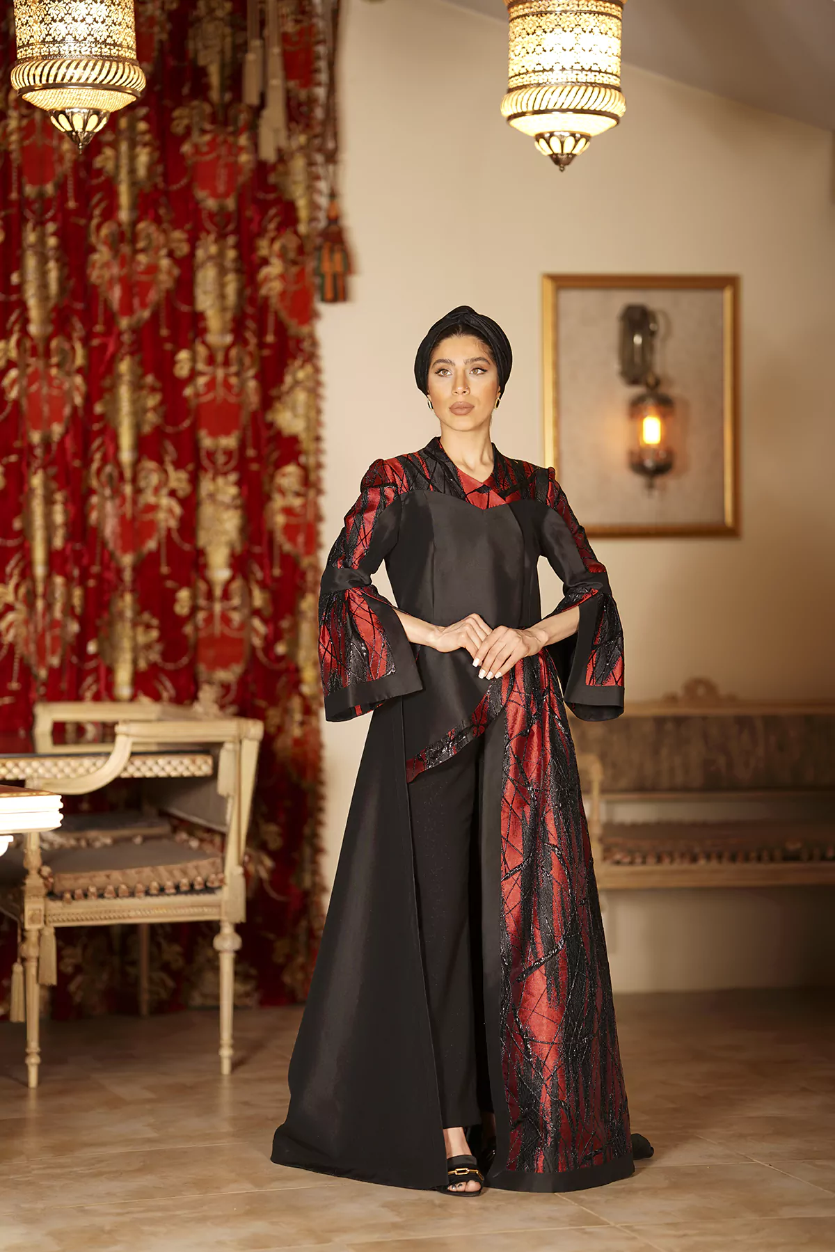 red Jacquard Long Back Short Front Abaya