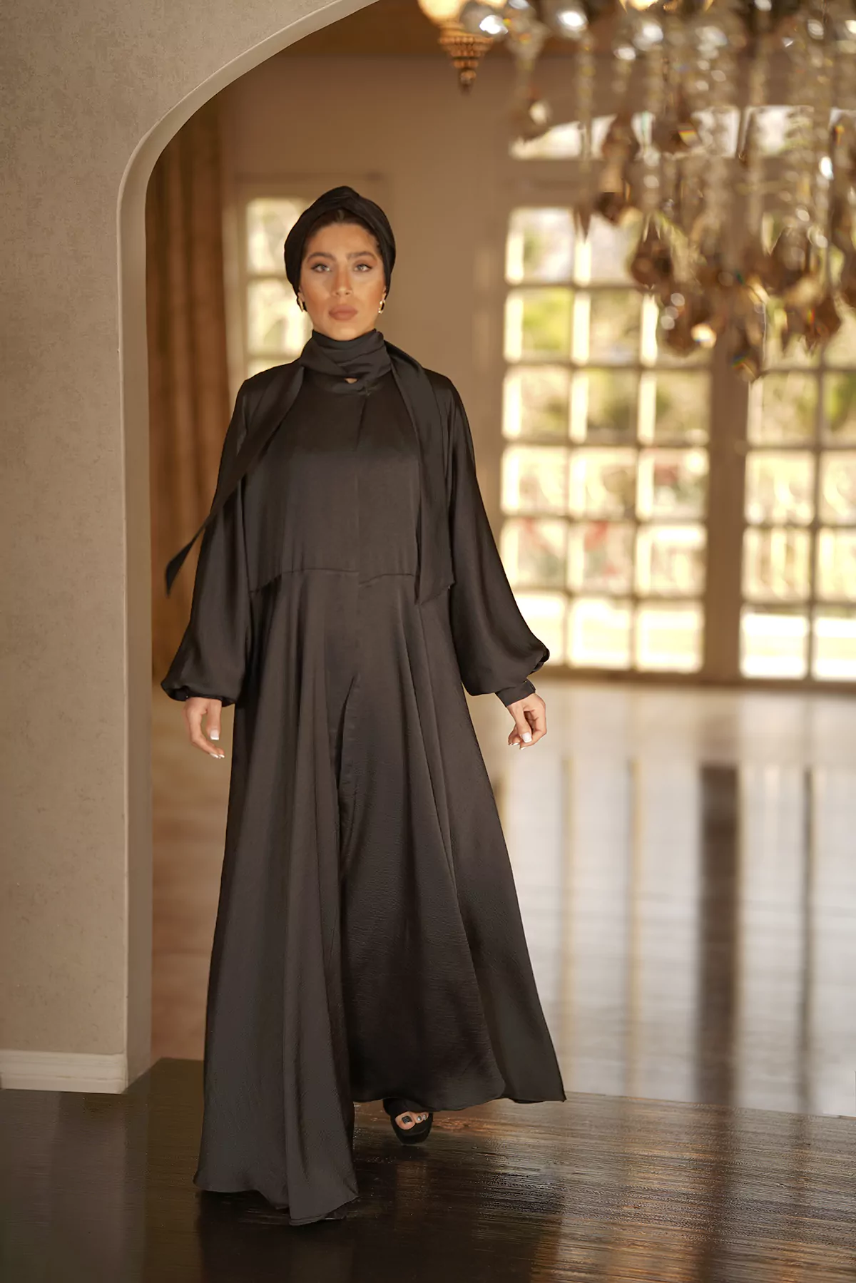 Black silk kaftan with bishop sleeves