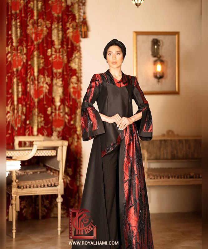 red Jacquard Long Back Short Front Abaya