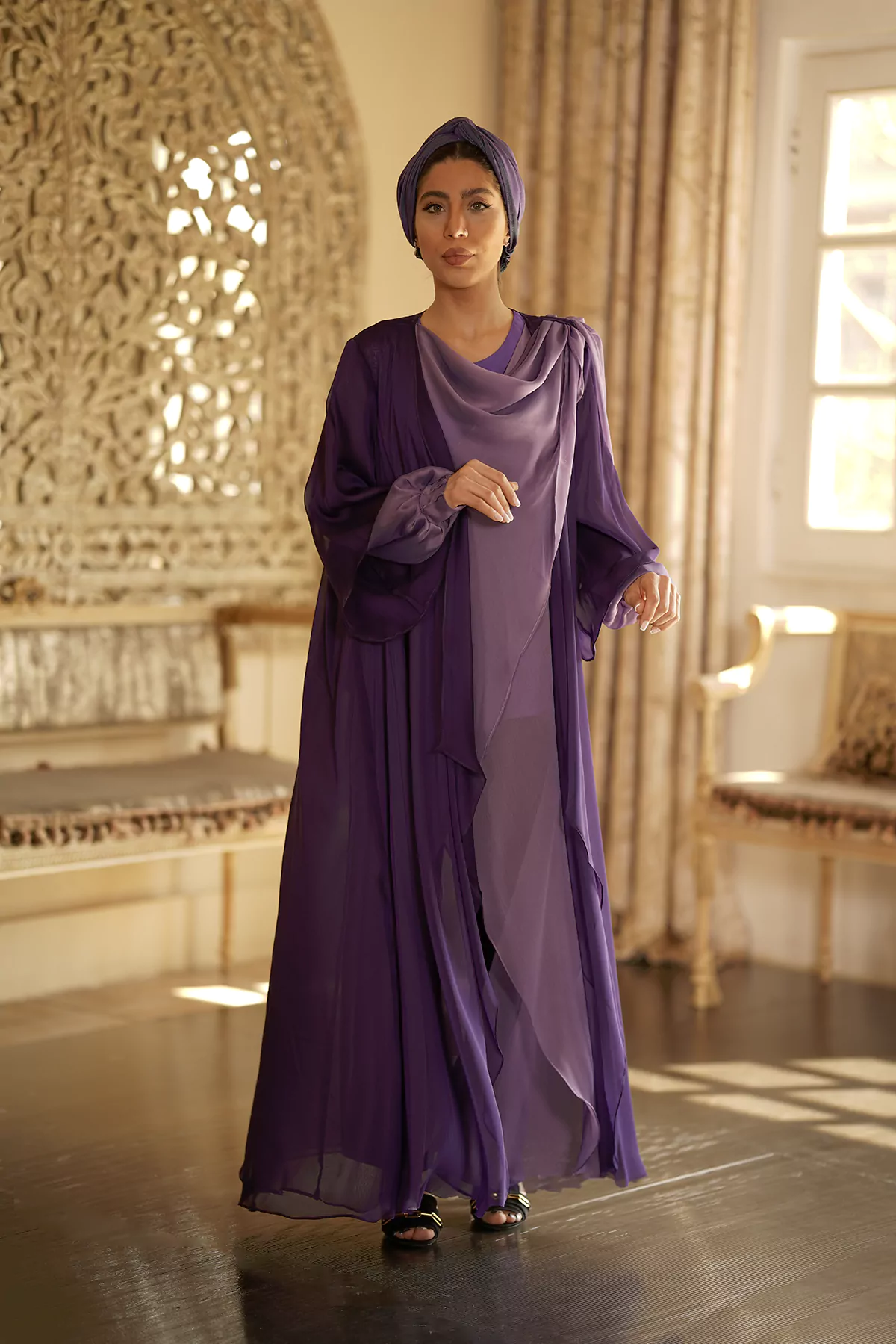 Purple Abaya with Melange silk fabric